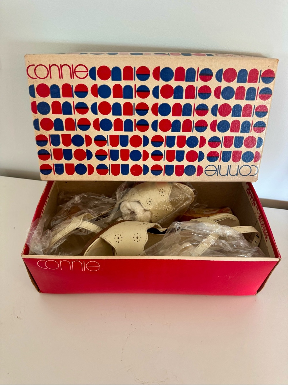 Vintage Connie Cream Sandal Heels with Red and Blue Branded Box